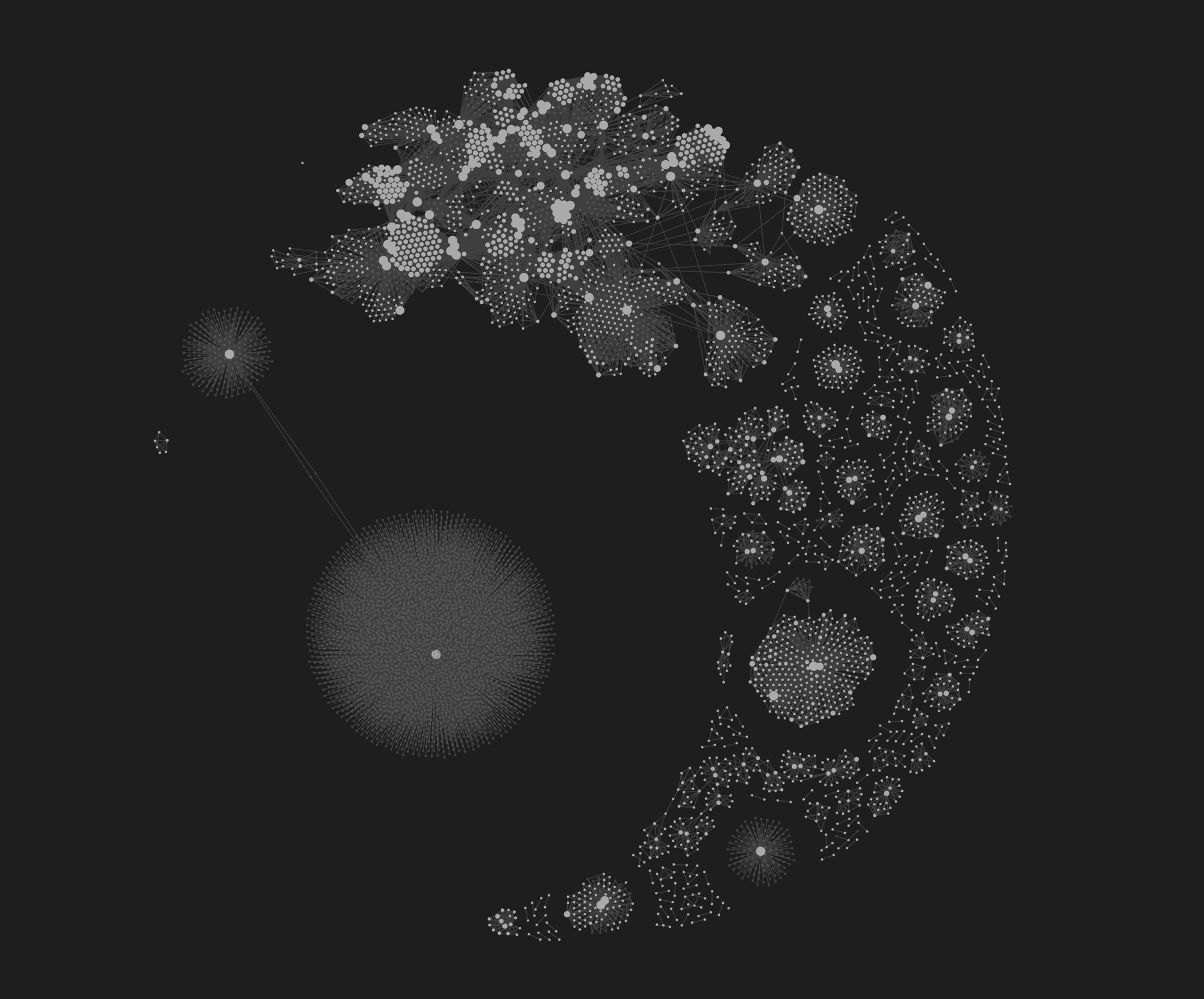 A knowledge graph visualized — thousands of nodes clustered into communities, with god-nodes visible as dense hubs.
