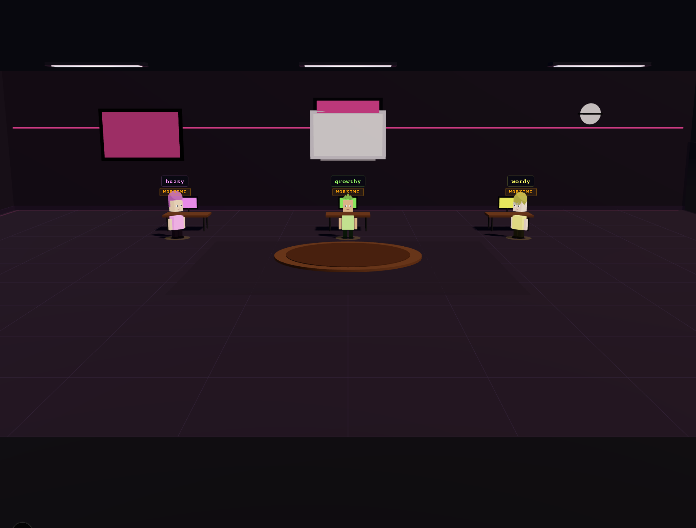 Growth — buzzy, growthy, wordy each WORKING in the pink-themed room.