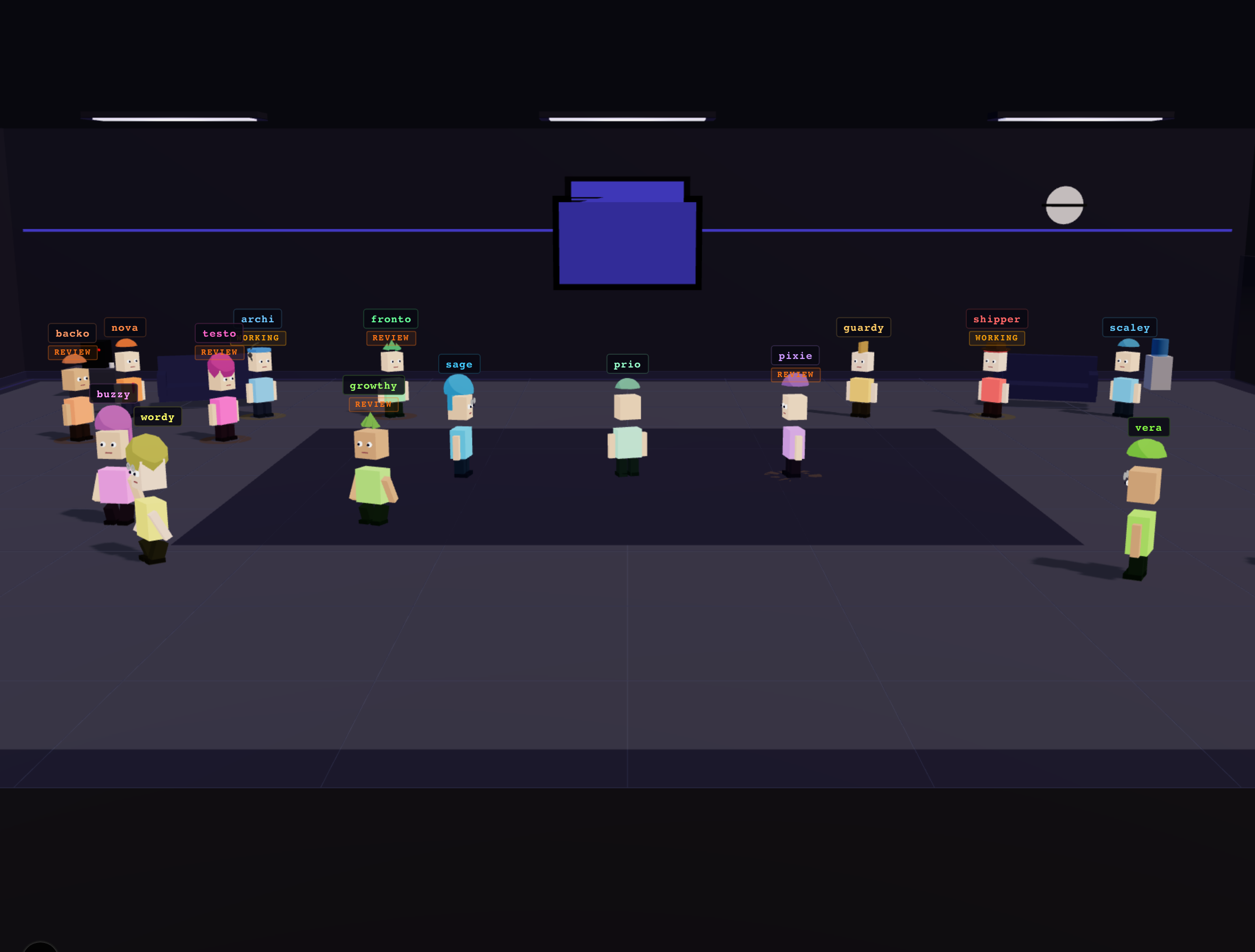 Five agents tagged REVIEW across the floor — work is queued for sign-off.